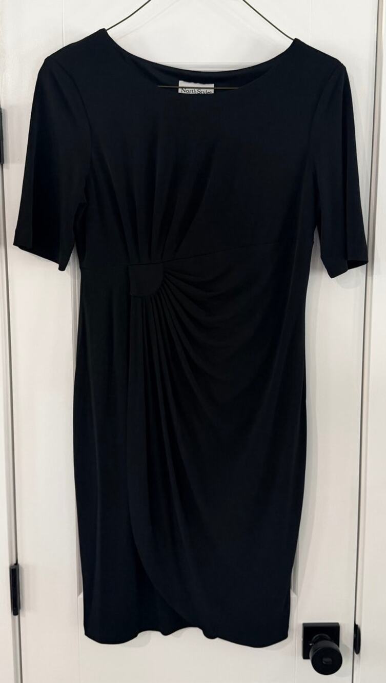 NorthStyle Dress Size 12 Black Short Sleeve Sheath Faux Wrap Stretch